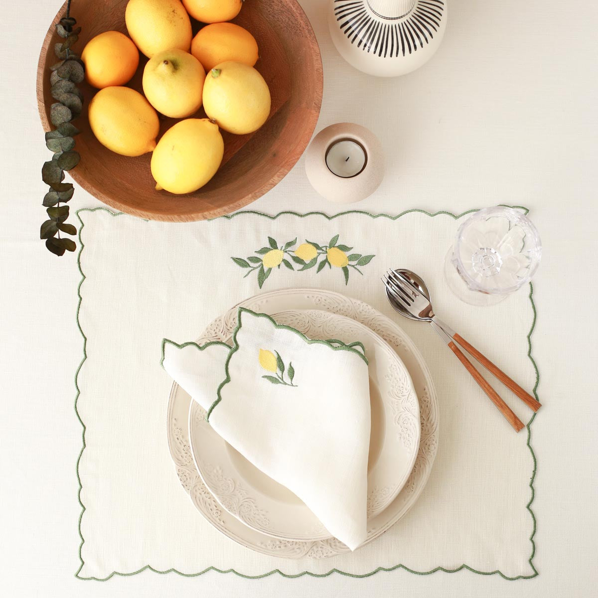 2'li Set Limon İşlemeli Keten Amerikan Servis