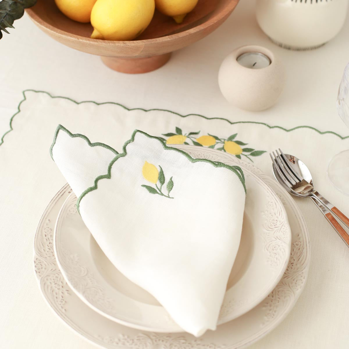 2'li Set Limon İşlemeli Keten Amerikan Servis