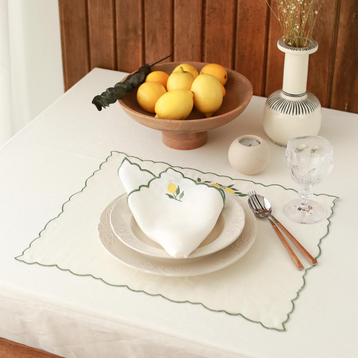 2'li Set Limon İşlemeli Keten Amerikan Servis