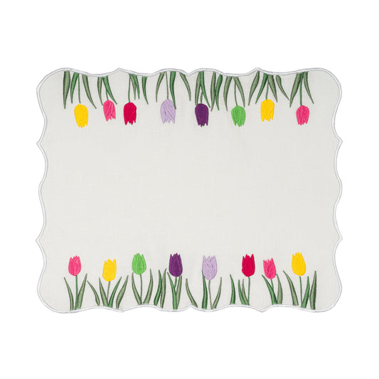 2'li Set Renkli Lale İşlemeli Keten Amerikan Servisi