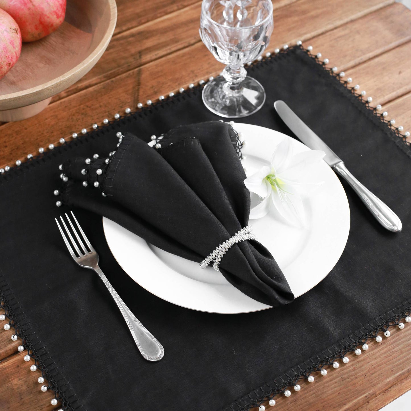 2'li Set Siyah İnci Işlemeli Keten Peçete